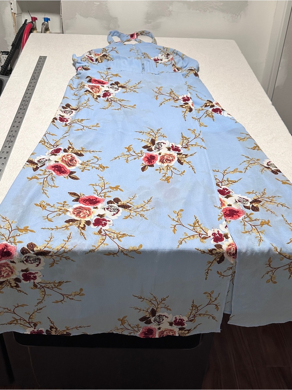 Light Blue Floral Maxi Dress with Rose Print